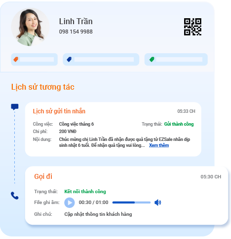  Phần mềm CRM giúp <b>quản lý chất lượng cuộc gọi, tiến độ cuộc gọi & nội dung tin nhắn</b> của từng sale, giúp đánh giá & tối ưu nhân viên sale liên tục.</br><b>Tự động giao việc, giao khách hàng</b> cho sale, từ đó đánh giá được nhân viên và hiệu quả kinh doanh dựa trên báo cáo KPI realtime và tiến độ làm việc.