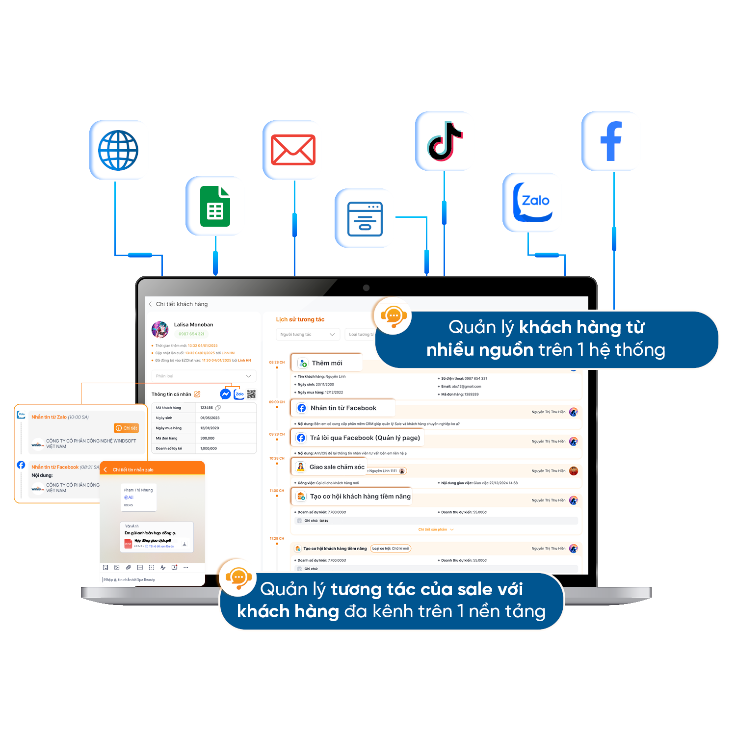 Hệ thống CRM của EZSale cho phép doanh nghiệp tích hợp nguồn khách hàng từ các kênh: Website, Landing Page, Google Sheet, các kênh social (FB, Tiktok, Instagrm,...), Email, Zalo,... </br><b>Tích hợp đa kênh</b> giúp doanh nghiệp <b>tổng hợp thông tin khách hàng</b> từ nhiều nguồn trên một nền tảng duy nhất, từ đó quá trình chăm sóc khách hàng dễ dàng hơn & không bị gián đoạn.