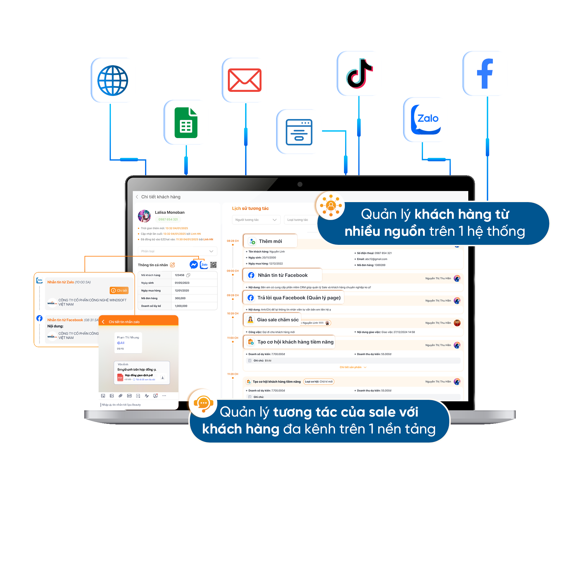 ✔️ <b> Quản lý khách hàng từ nhiều nguồn</b> trên 1 hệ thống:: Website, Landing Page, Google Sheet, các kênh social (FB, Tiktok, Instagrm,...), Email, Zalo,... </br>✔️ <b>Tổng hợp thông tin khách hàng</b> từ nhiều nguồn trên một nền tảng duy nhất. </br>✔️ Quản lý <b>tương tác của sale với khách hàng</b> đa kênh trên 1 nền tảng. </br></br>👉 <b>Không bỏ xót KH - Phản hồi nhanh – Tối ưu CSKH</b> dễ dàng hơn