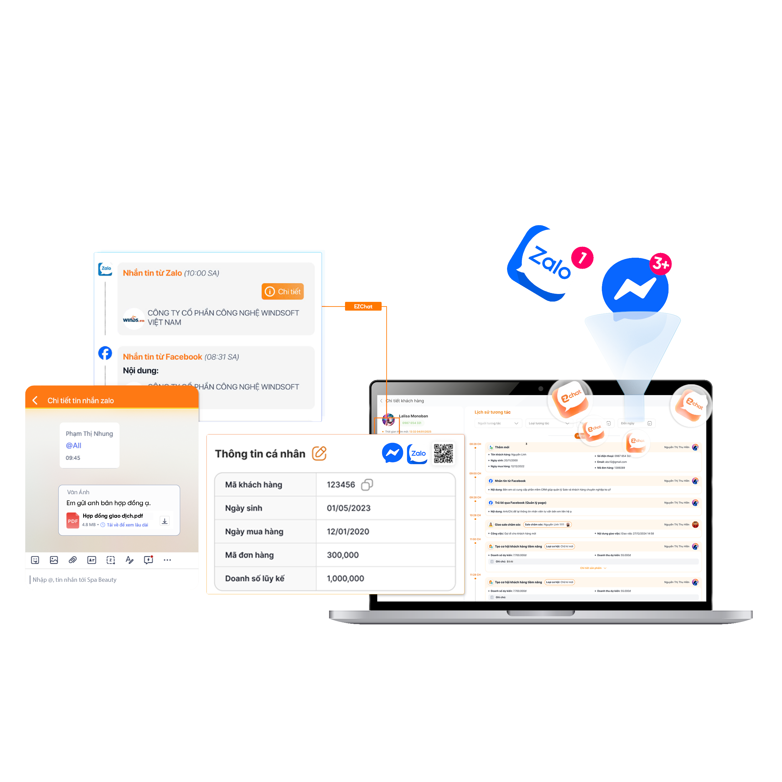  - Chatbot EZSale giúp doanh nghiệp <b>quản lý tất cả tin nhắn</b> từ Zalo, Fanpage, website, TikTok... trên một giao diện CRM duy nhất.</br>- <b>Đồng bộ dữ liệu liên kênh</b> giúp loại bỏ tình trạng bỏ sót khách hàng, kể cả trong mùa cao điểm.</br>- Nhân viên <b>không phải đăng nhập nhiều tài khoản</b> hay chuyển đổi qua lại giữa các nền tảng, từ đó tiết kiệm thời gian và nâng cao hiệu quả phản hồi khách hàng.