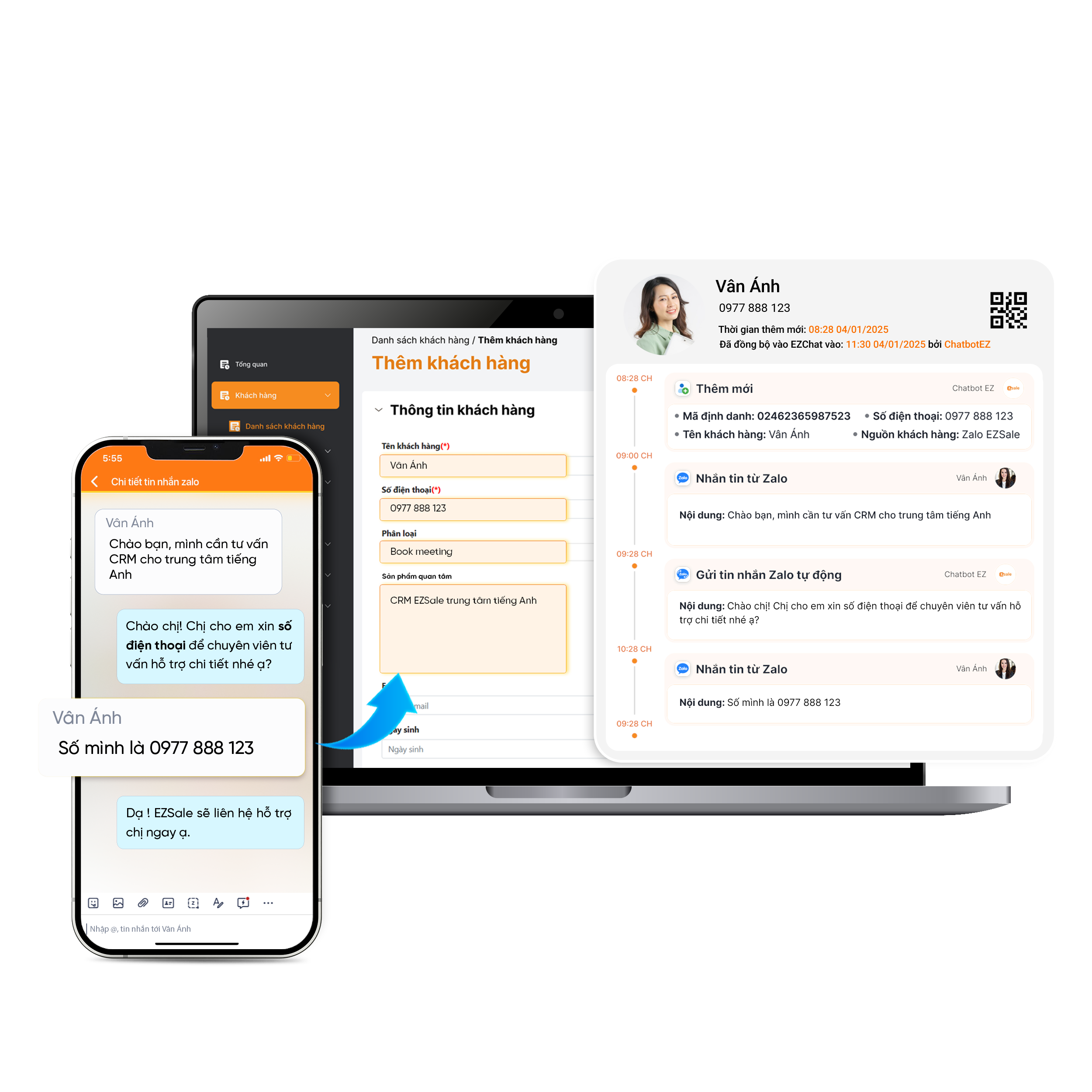  - Chatbot <b>tự động ghi nhận dữ liệu khách hàng</b>, lịch sử tương tác từ Zalo, Fanpage và đồng bộ đầy đủ trên CRM EZSale giúp tư vấn tiếp nối liền mạch.</br>- Chatbot <b>tự động tạo mới và phân loại khách hàng</b> theo từng nhóm dựa trên thẻ tag hoặc các điều kiện đã được thiết lập sẵn.</br>- <b>Tự động đề xuất các kịch bản chăm sóc</b> phù hợp với từng nhóm khách hàng, mang lại trải nghiệm cá nhân hóa và tăng tỷ lệ chuyển đổi.