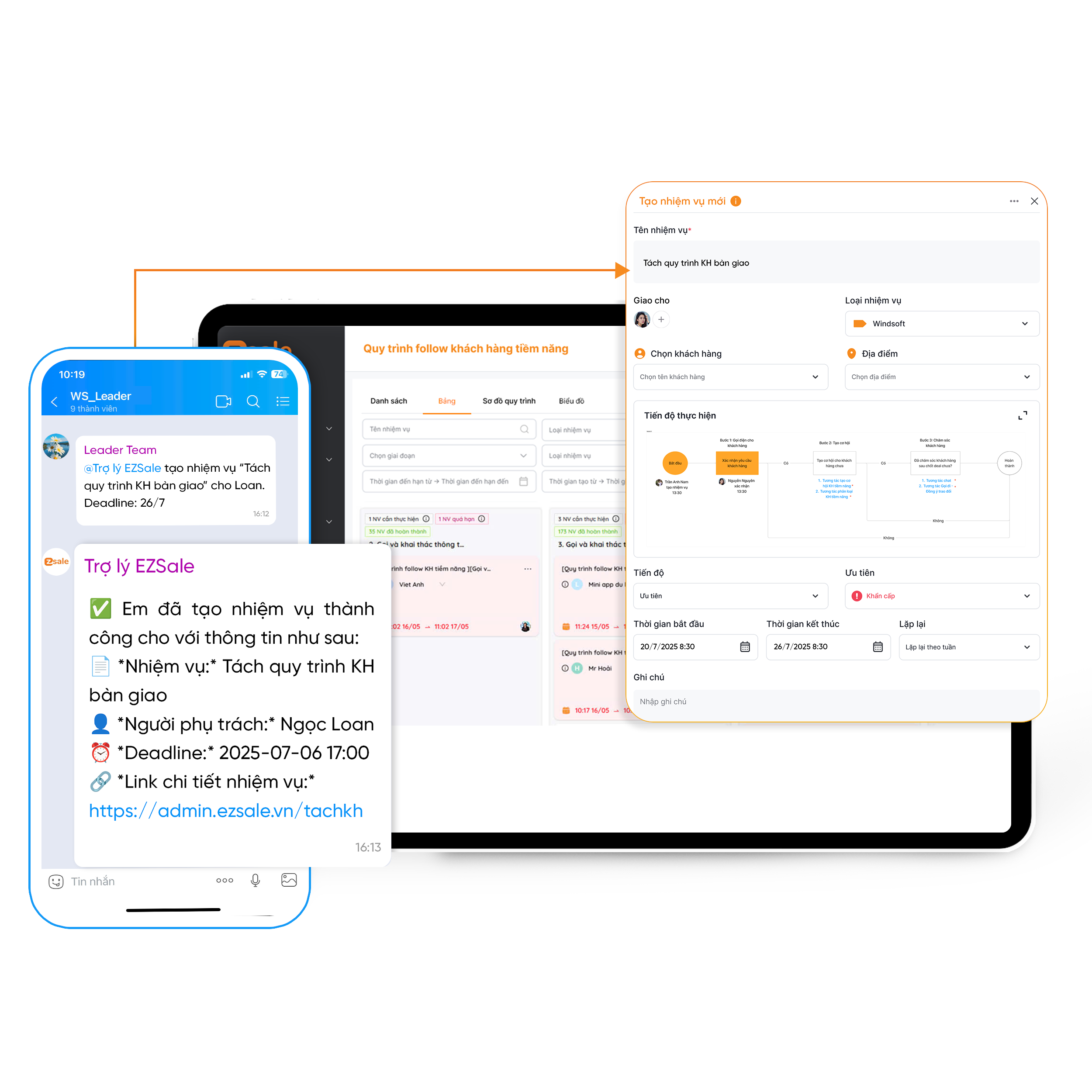  - <b>Giao việc cho nhân viên trực tiếp từ các cuộc hội thoại trên Zalo</b>, hệ thống tự động tạo công việc dựa trên nội dung trao đổi và phân bổ nhiệm vụ cho từng nhân viên phù hợp. </br>- <b>Theo dõi tiến độ công việc theo thời gian thực</b> một cách minh bạch, dễ kiểm soát. </br>- Hệ thống <b>tự động nhắc nhở deadline qua Zalo cá nhân</b>, CRM hoặc email, đảm bảo không bỏ sót bất kỳ công việc nào.
