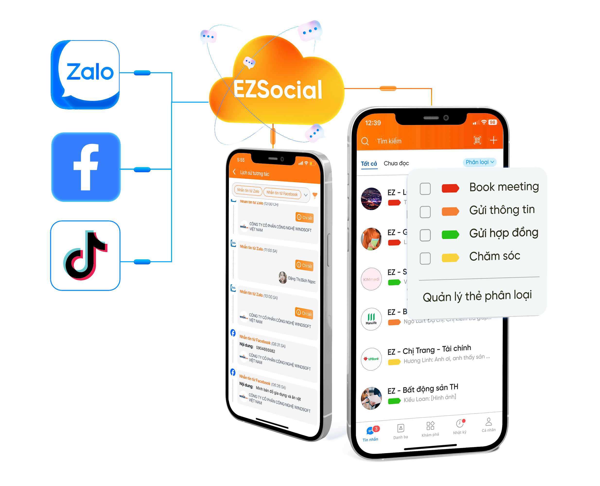  <strong>EZSocial kết nối trực tiếp với tài khoản Zalo, Tiktok và Fanpage Facebook</strong>, dữ liệu tin nhắn được sắp xếp theo từng kênh liên lạc, giúp dễ dàng tìm kiếm và xử lý. </br>Tổng hợp tin nhắn của khách hàng từ các kênh liên hệ khác nhau về <strong>một nền tảng duy nhất</strong>, từ đó giúp quá trình tư vấn chuyên nghiệp và dễ dàng hơn.