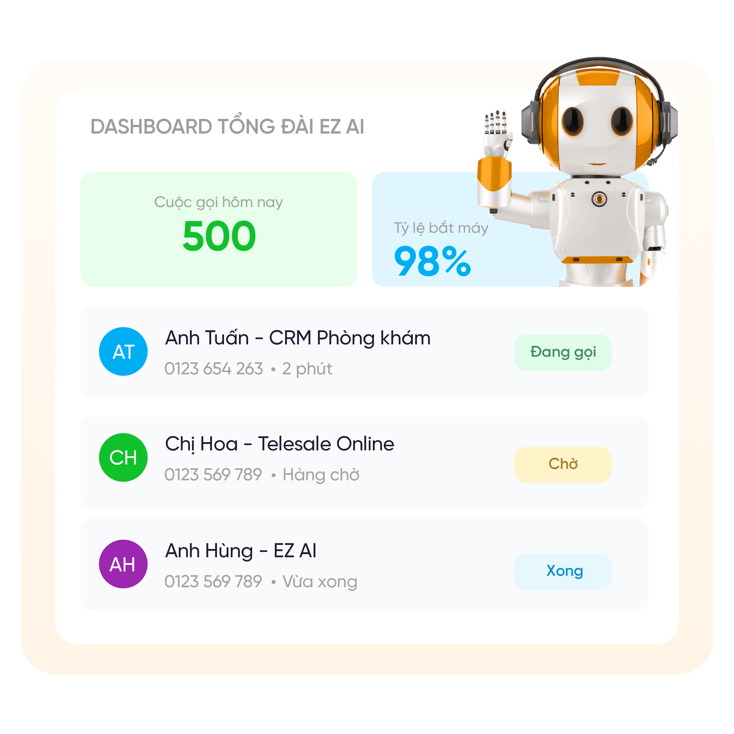  <b>Tự động gọi</b> khai thác nhu cầu khách hàng ngay <b>khi khách hàng vừa mới để lại thông tin</b> cần tư vấn trên website, fanpage... </br><b>Tự động ghi nhận nhu cầu</b> ngay khi có dữ liệu khách hàng mới để nắm bắt nhu cầu, gia tăng tỉ lệ chốt.