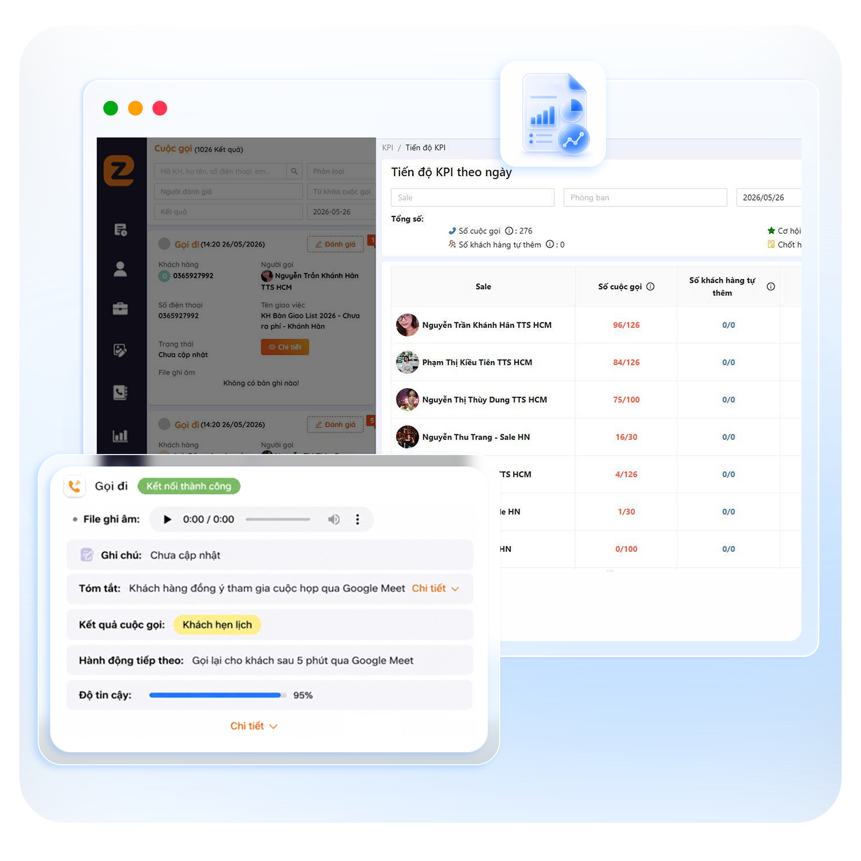  <li>Toàn bộ dữ liệu cuộc gọi & hiệu suất được <b>quản lý trực tiếp trên CRM</b> real-time.<br><li><b>AI tự động chấm điểm & đánh giá</b> chất lượng cuộc gọi.<br><li>Đo lường hiệu suất Telesale <b>theo từng chiến dịch</b> trên CRM.<br><li>Báo cáo trực quan giúp doanh nghiệp <b>tối ưu tỷ lệ chuyển</b> đổi liên tục.