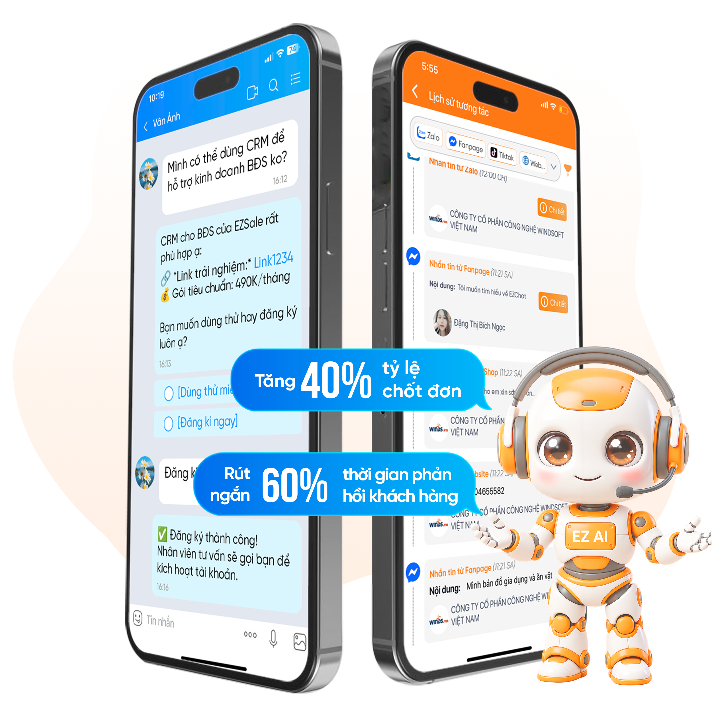  <b>Trực chat tự động</b> trên các nền tảng: Zalo OA, Fanpage, TikTok. Phản hồi tin nhắn “thần tốc” </b>chỉ trong 0,8s</b>.</br>AI tự động <b>tiếp nhận và phản hồi khách hàng</b> ngay tức thì <b>trên mọi nền tảng</b>, đảm bảo không bỏ lỡ bất kỳ tương tác nào dù ở bất cứ đâu. </br><b>Đồng bộ tất cả các tin nhắn</b> trên các nền tảng về 1 phần mềm CRM duy – không lo “thất lạc tin nhắn”.
